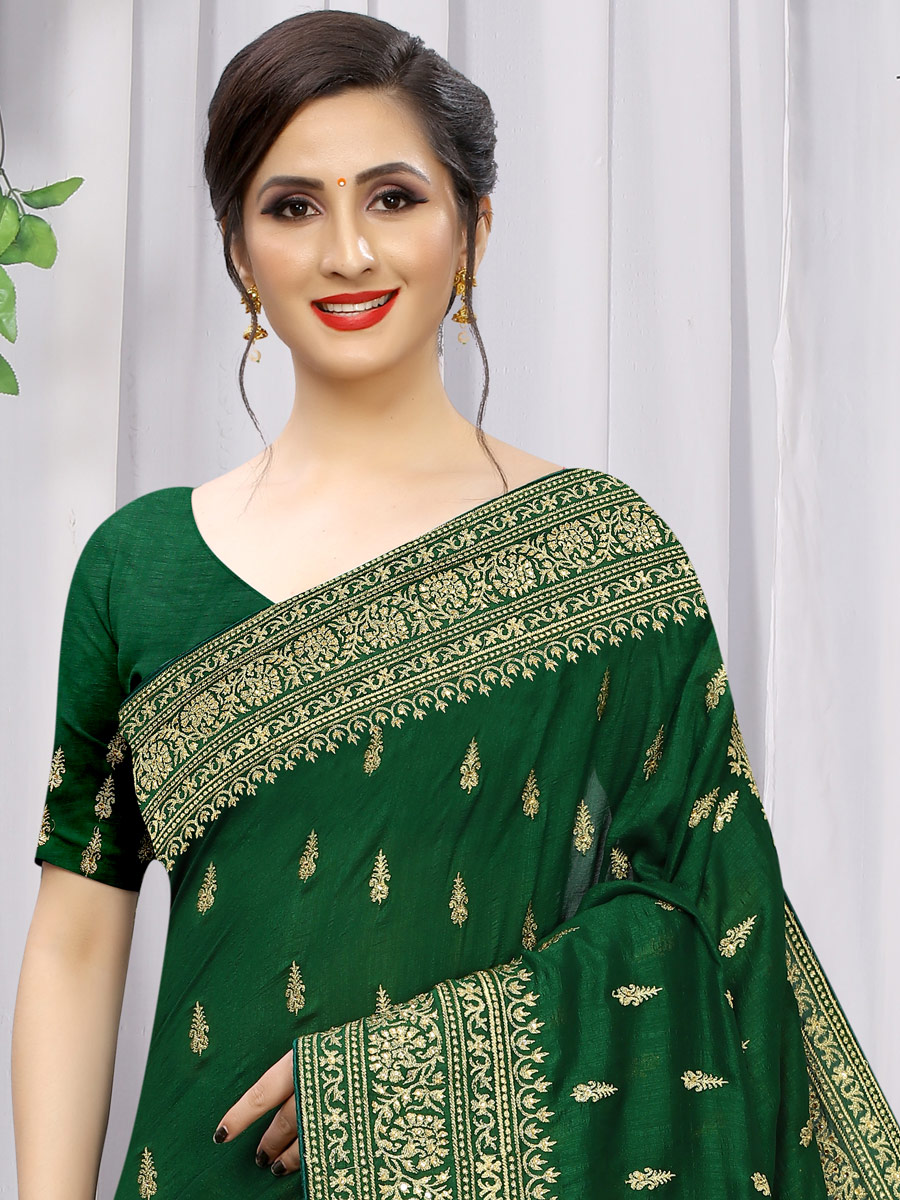 Hunter Green Vichitra Silk Embroidered Party Saree