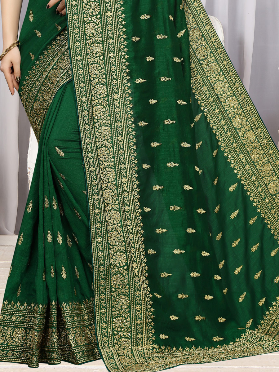 Hunter Green Vichitra Silk Embroidered Party Saree