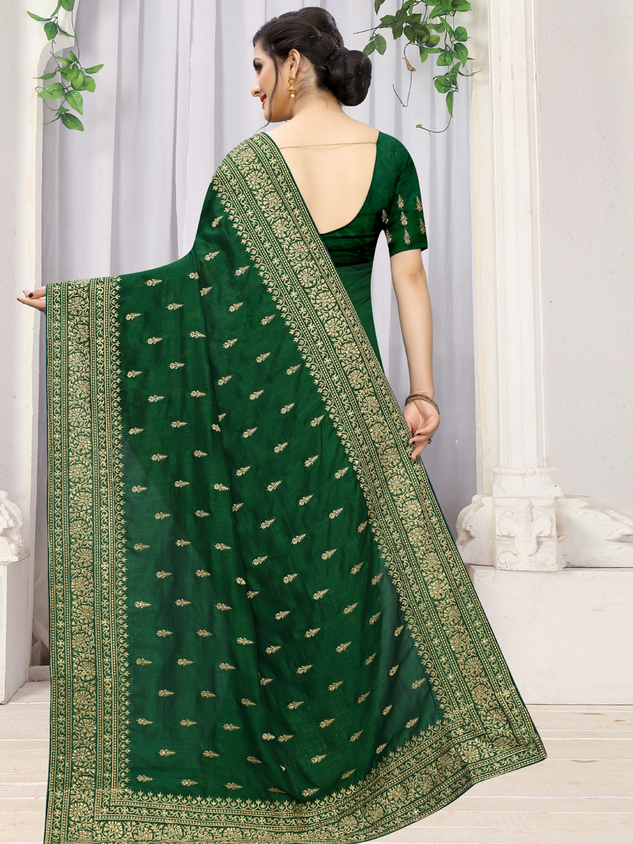 Hunter Green Vichitra Silk Embroidered Party Saree
