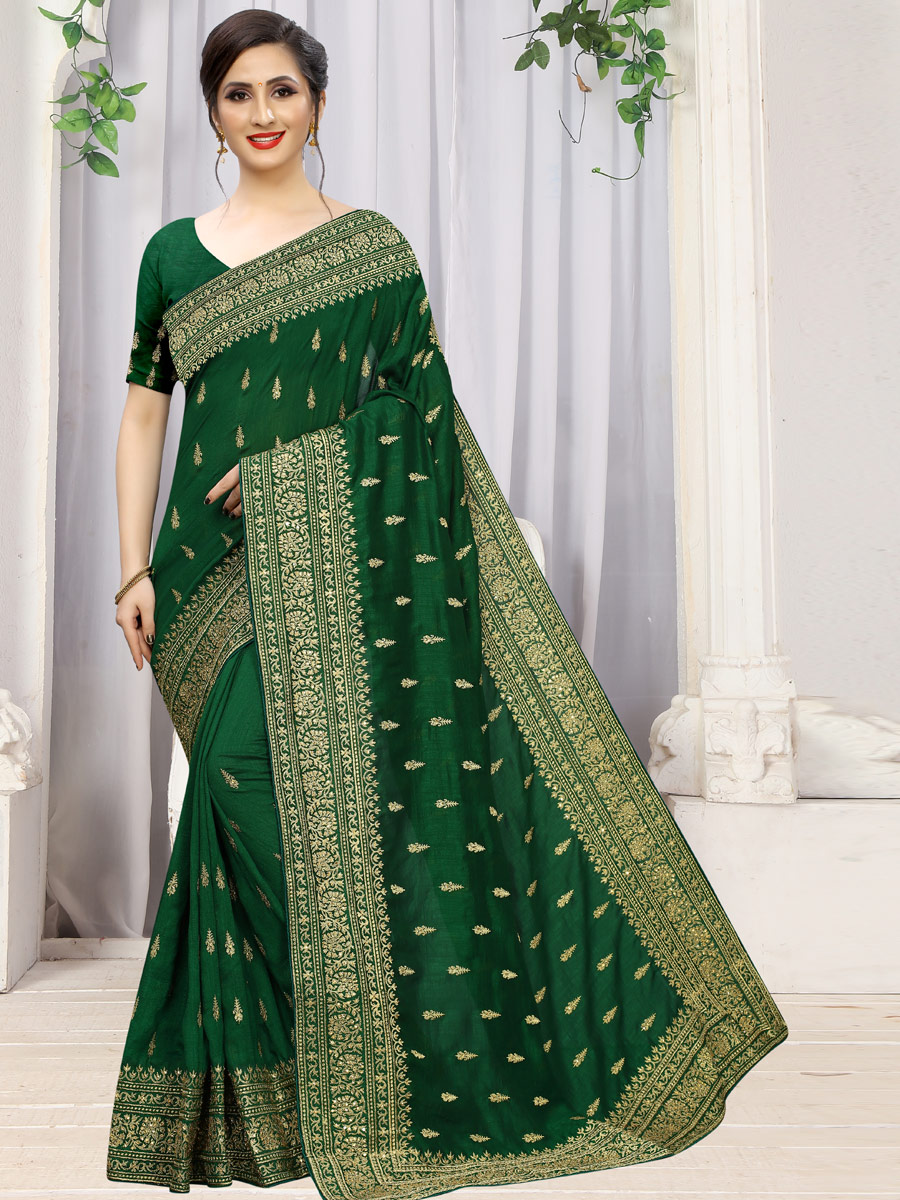 Hunter Green Vichitra Silk Embroidered Party Saree