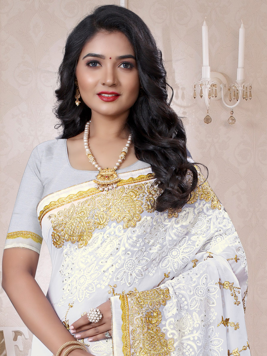 White Faux Georgette Embroidered Festival Saree