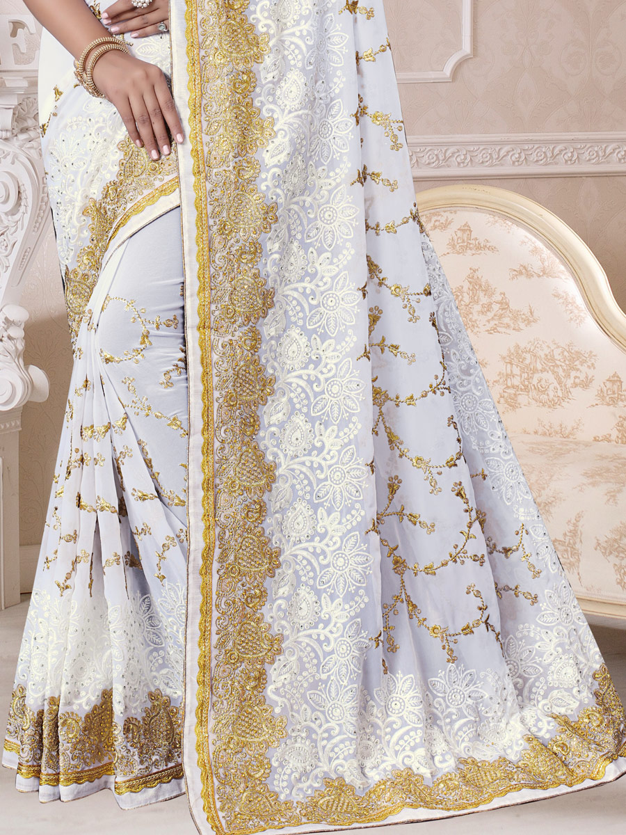 White Faux Georgette Embroidered Festival Saree