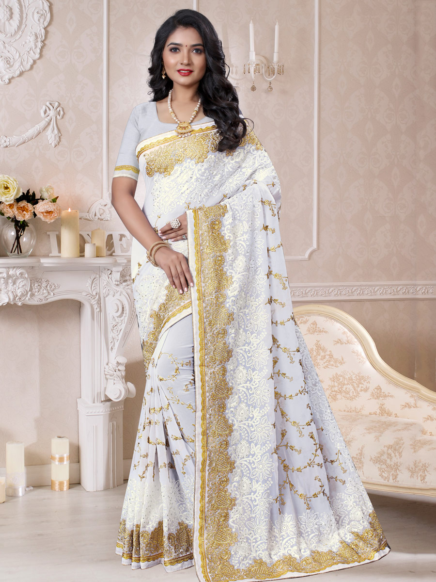 White Faux Georgette Embroidered Festival Saree