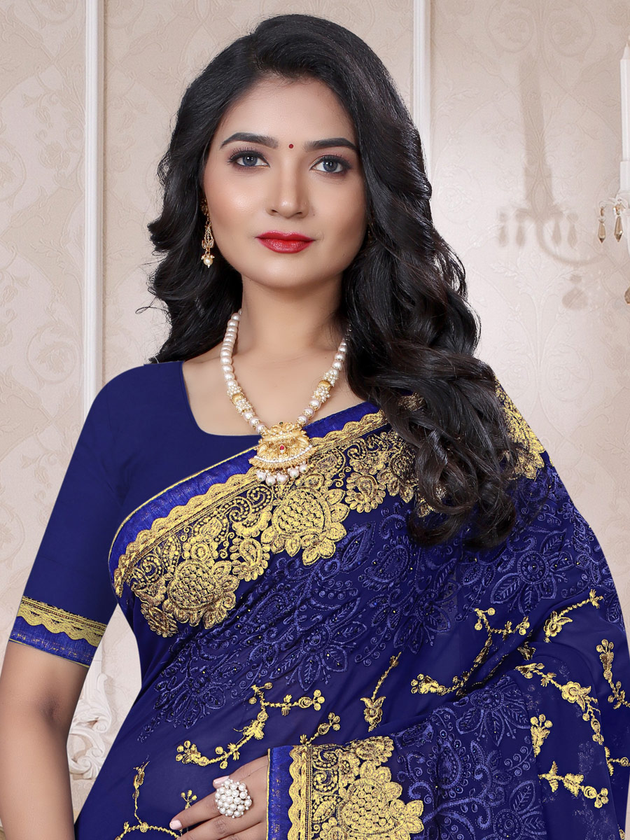 Navy Blue Faux Georgette Embroidered Festival Saree