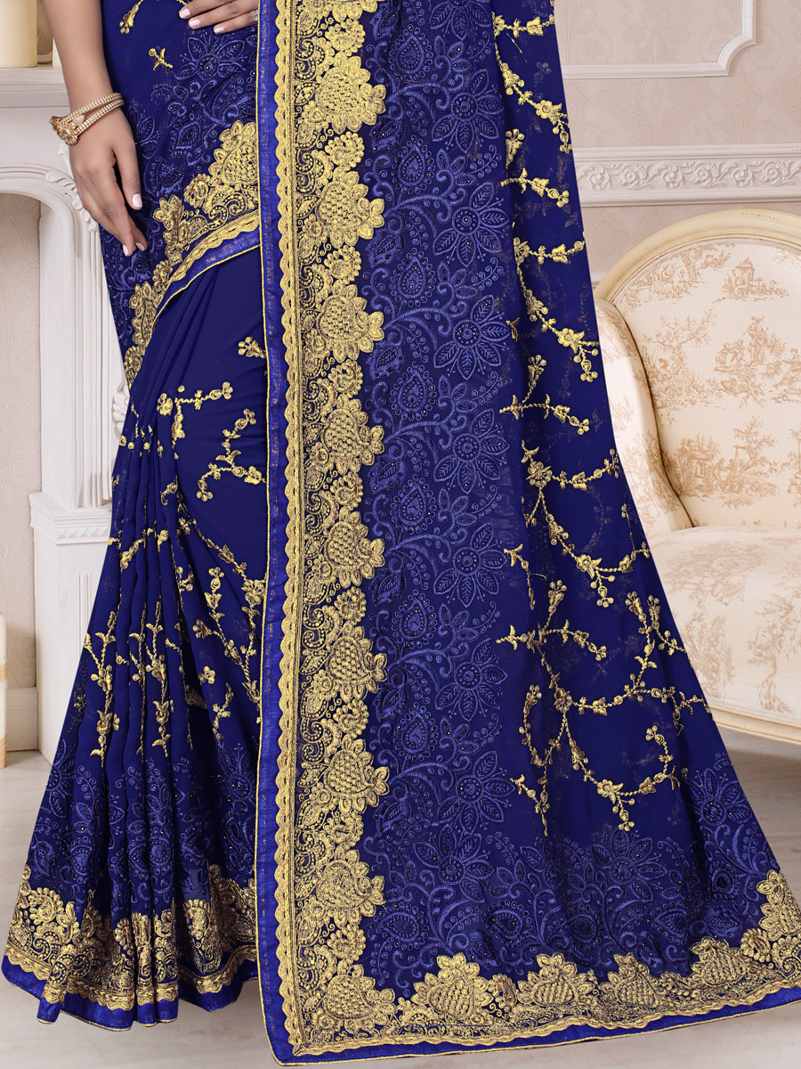 Navy Blue Faux Georgette Embroidered Festival Saree