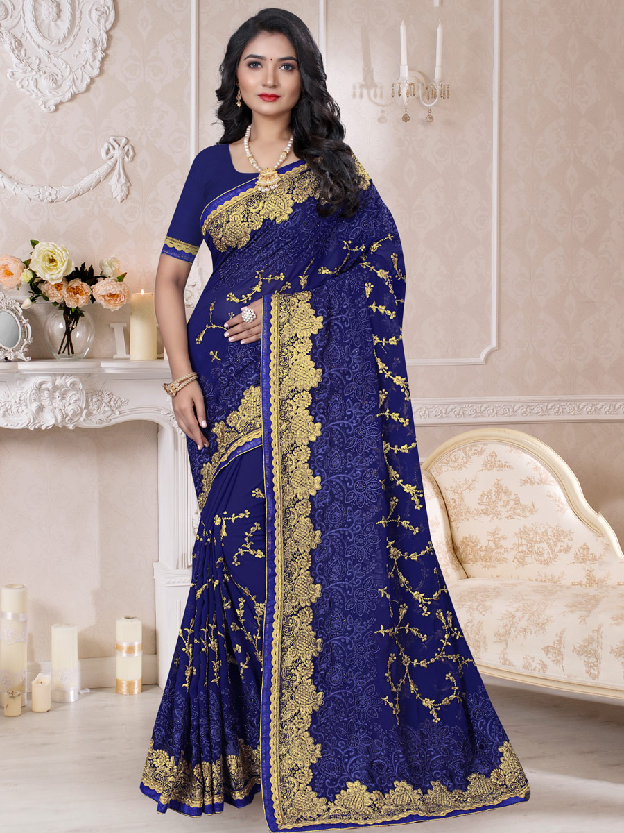 Navy Blue Faux Georgette Embroidered Festival Saree