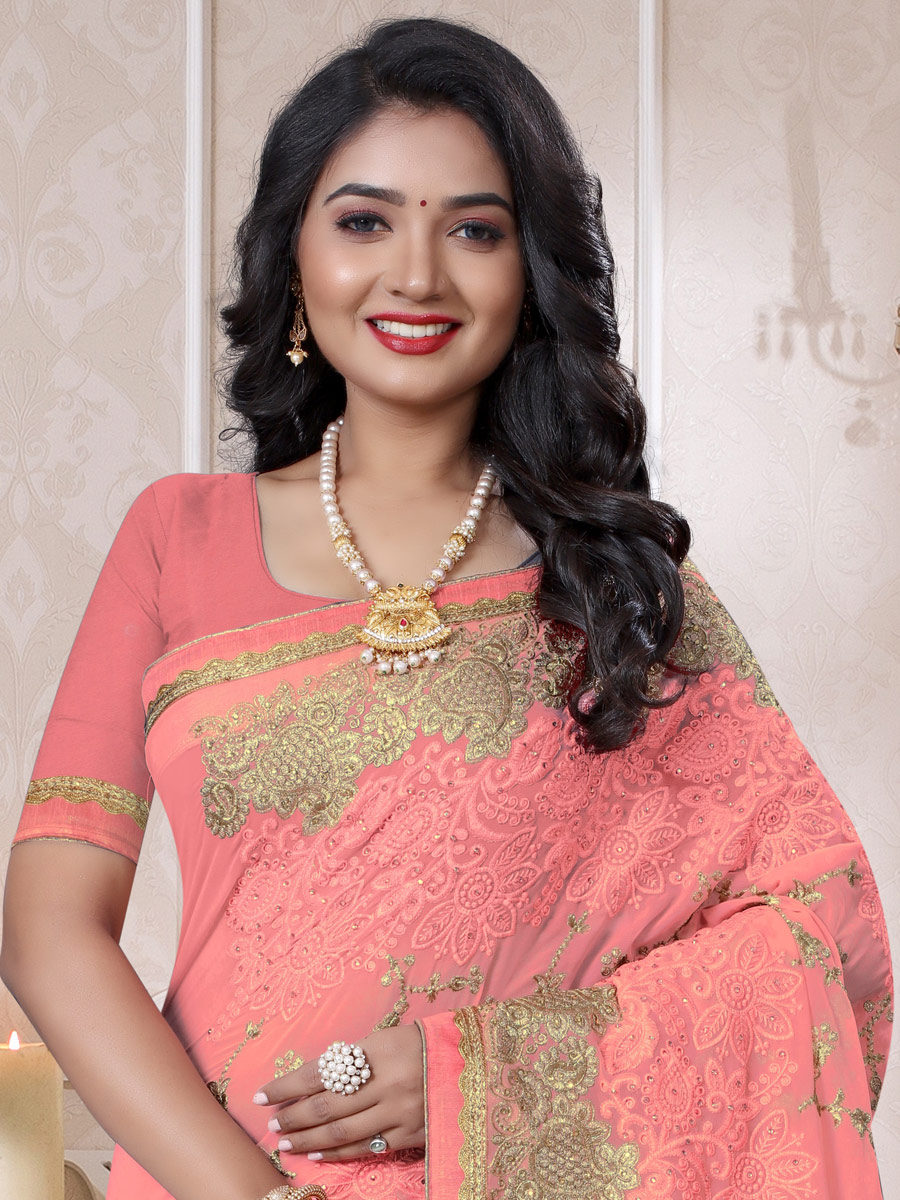 Salmon Pink Faux Georgette Embroidered Festival Saree
