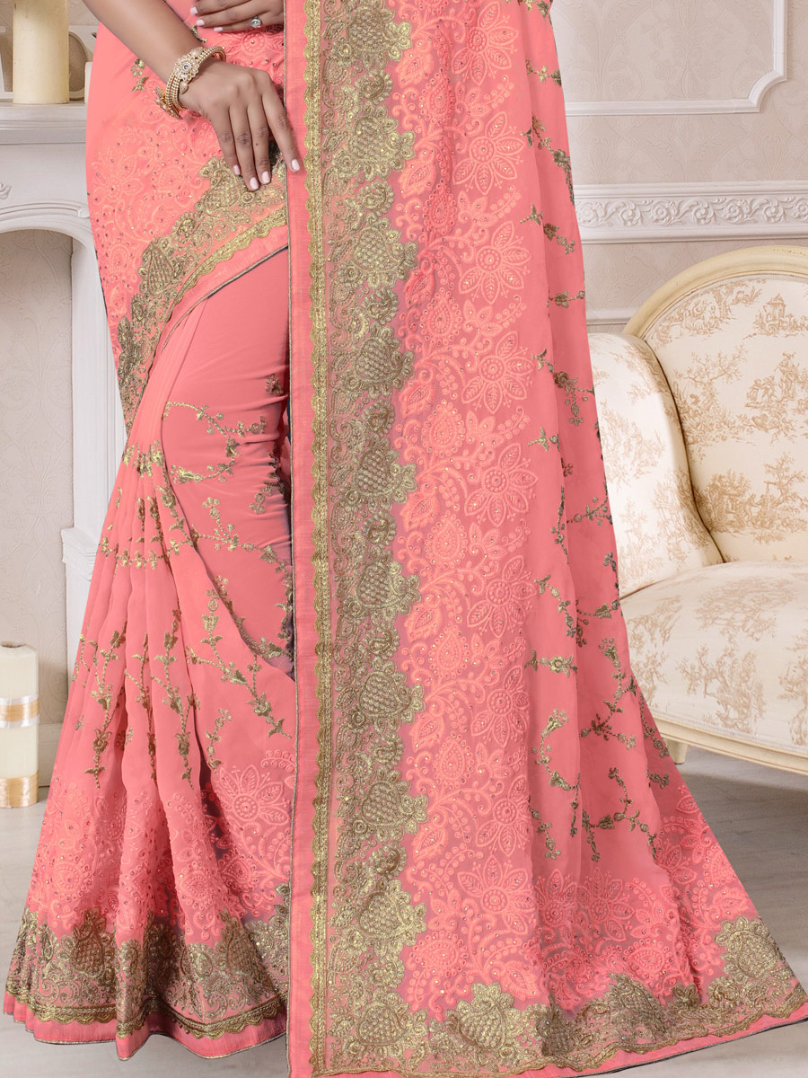 Salmon Pink Faux Georgette Embroidered Festival Saree