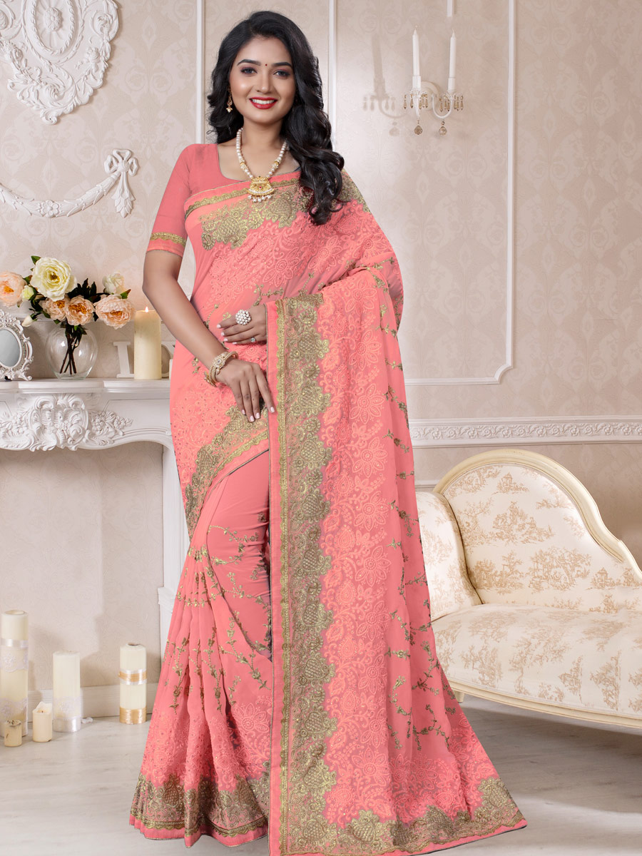 Salmon Pink Faux Georgette Embroidered Festival Saree