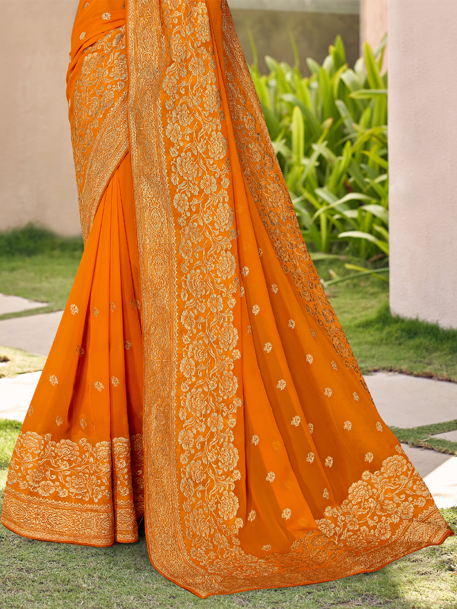 Mustard Georgette Embroidered Festival Party Heavy Border Saree