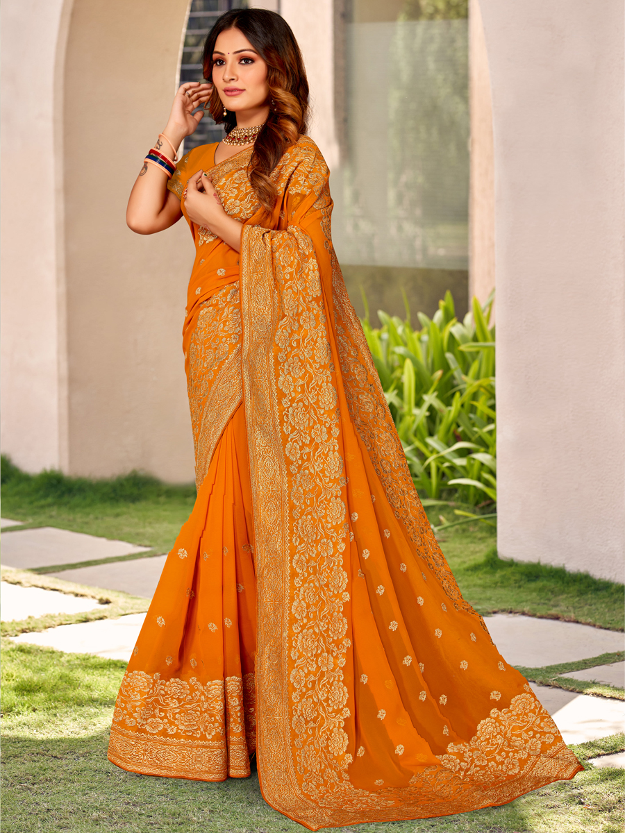 Mustard Georgette Embroidered Festival Party Heavy Border Saree