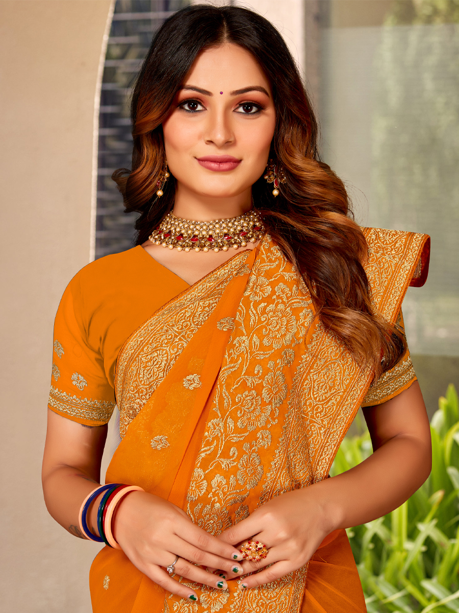 Mustard Georgette Embroidered Festival Party Heavy Border Saree