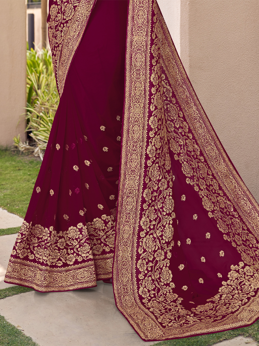 Wine Georgette Embroidered Festival Party Heavy Border Saree
