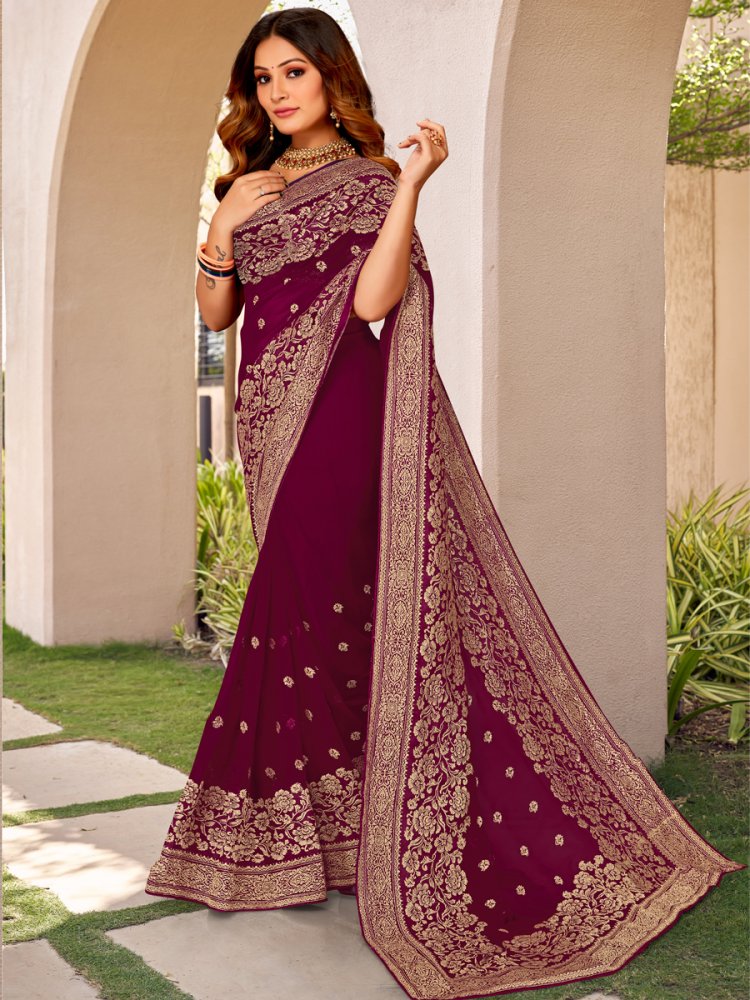 Wine Georgette Embroidered Festival Party Heavy Border Saree