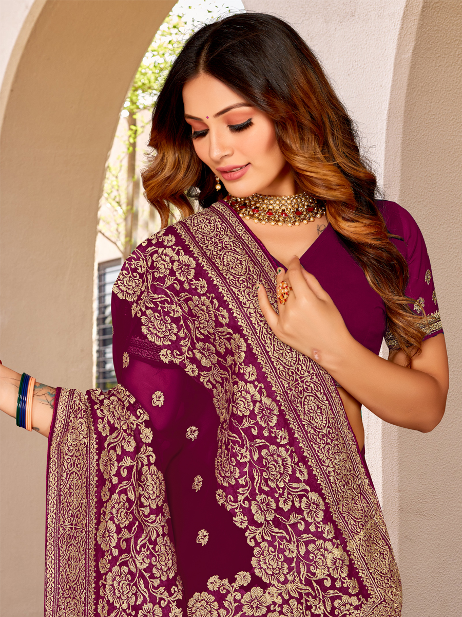 Wine Georgette Embroidered Festival Party Heavy Border Saree