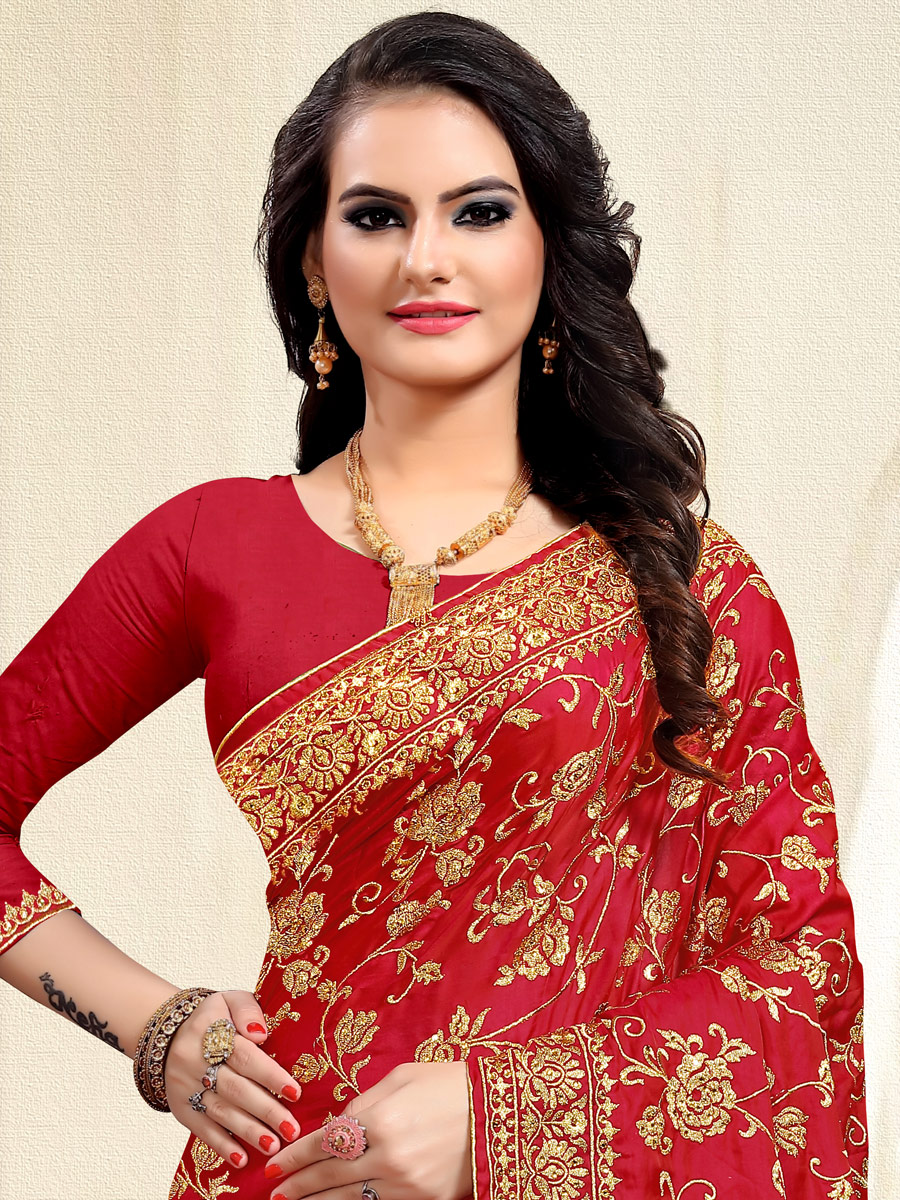 Venetian Red Satin Silk Embroidered Party Saree