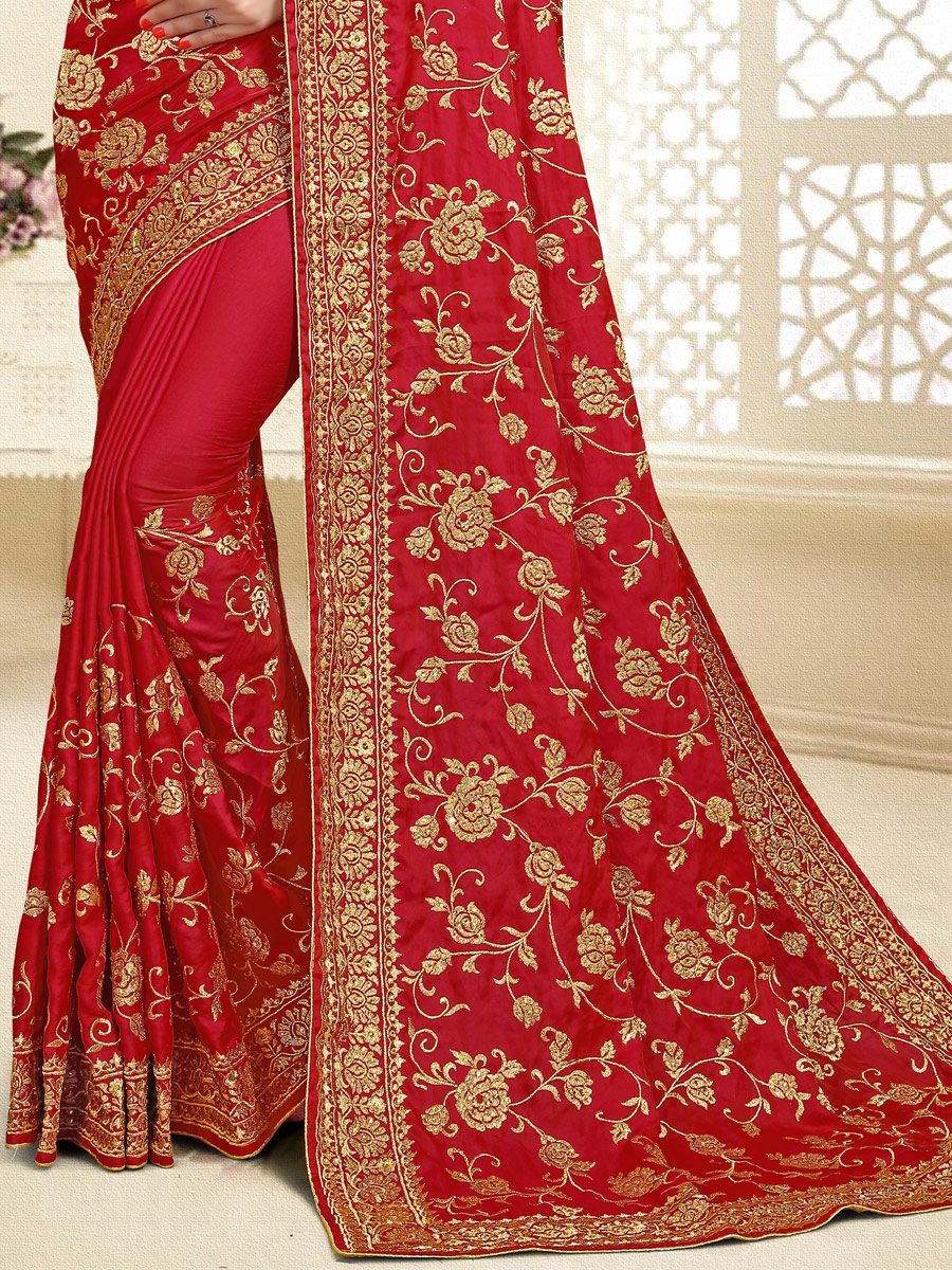 Venetian Red Satin Silk Embroidered Party Saree