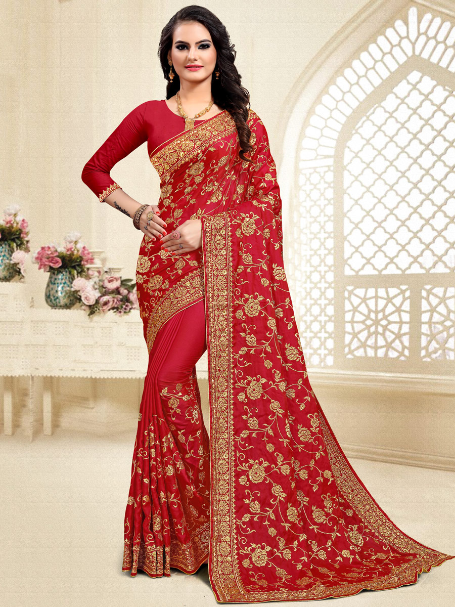 Venetian Red Satin Silk Embroidered Party Saree