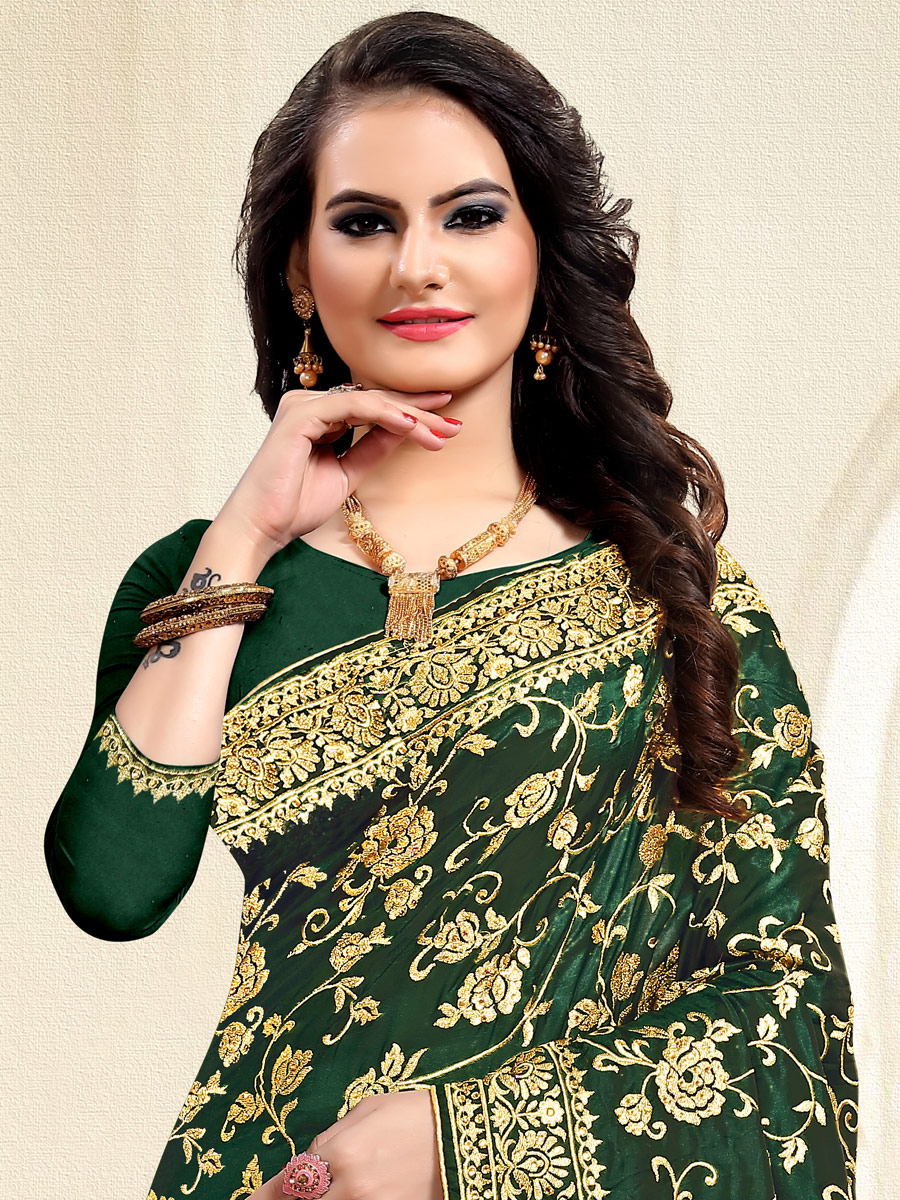 Hunter Green Satin Silk Embroidered Party Saree