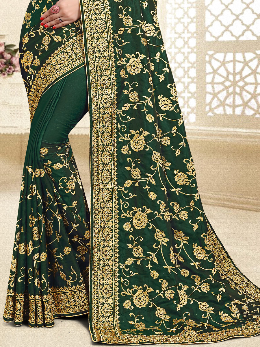 Hunter Green Satin Silk Embroidered Party Saree