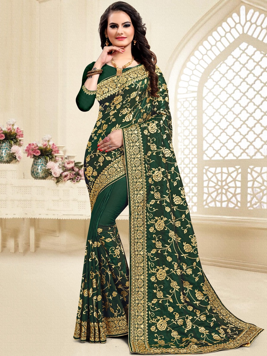 Hunter Green Satin Silk Embroidered Party Saree
