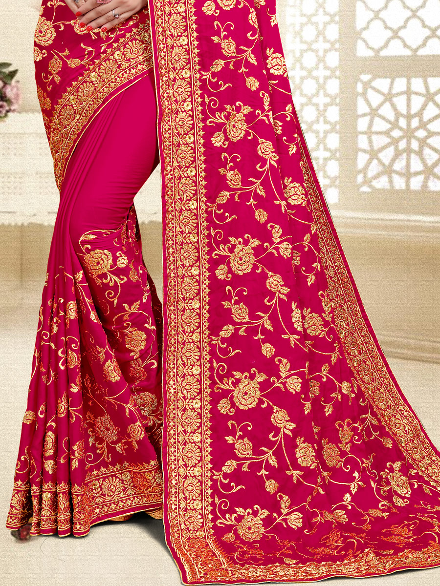 Dark Pink Satin Silk Embroidered Party Saree