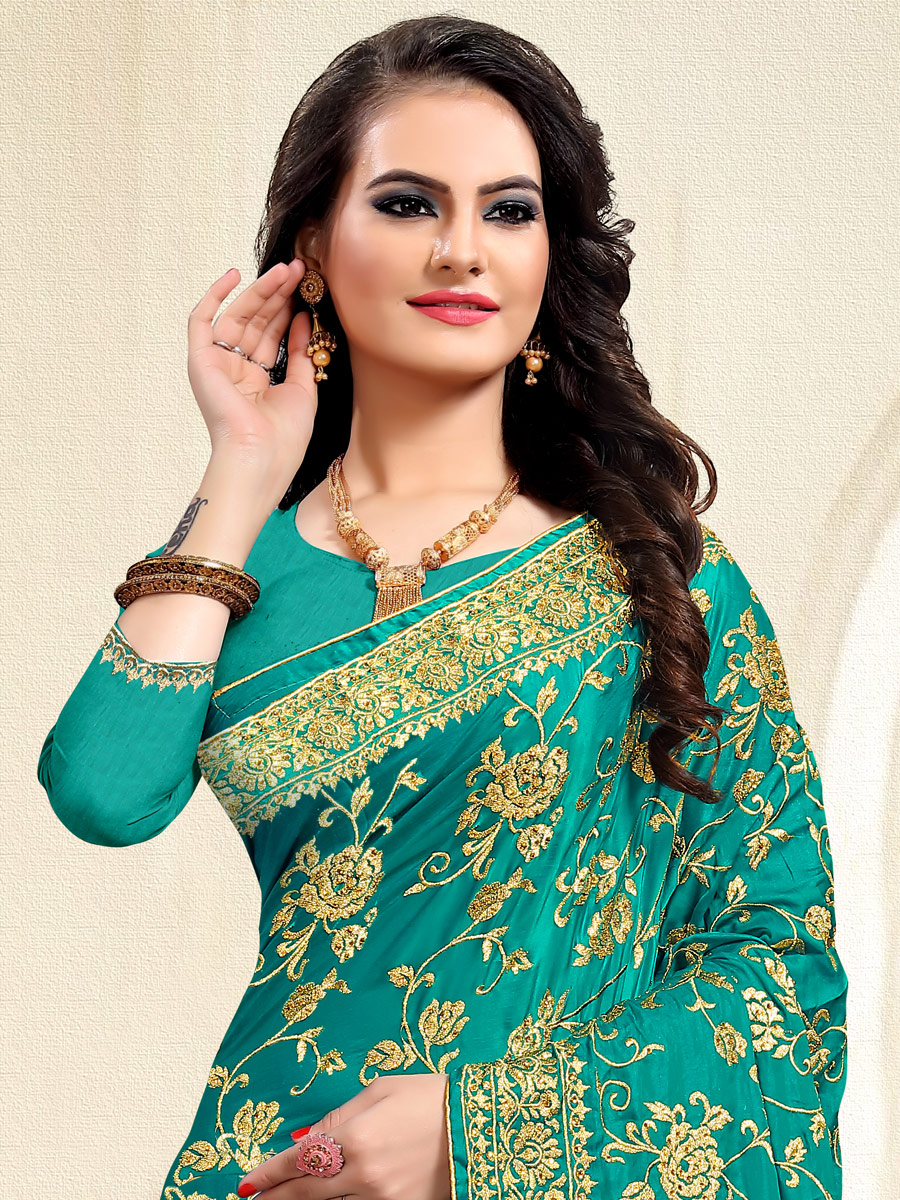 Persian Green Satin Silk Embroidered Party Saree