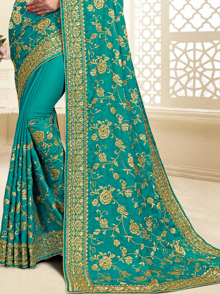 Persian Green Satin Silk Embroidered Party Saree