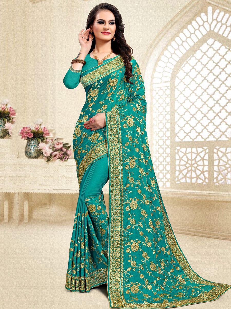 Persian Green Satin Silk Embroidered Party Saree