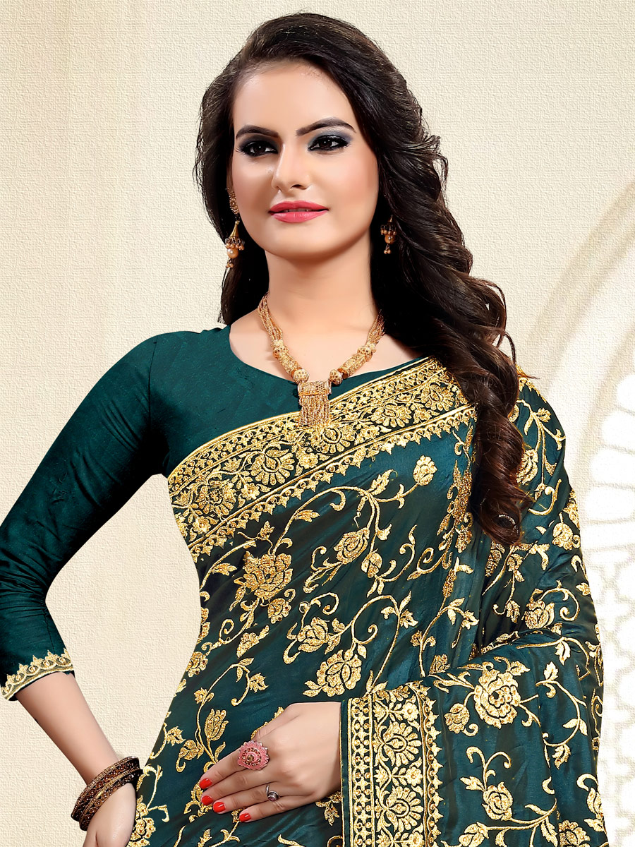 Midnight Green Satin Silk Embroidered Party Saree