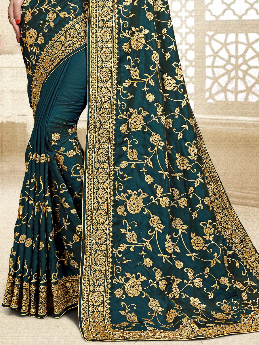 Midnight Green Satin Silk Embroidered Party Saree