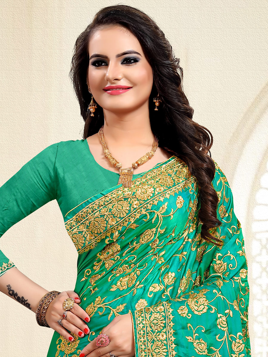 Jade Green Satin Silk Embroidered Party Saree