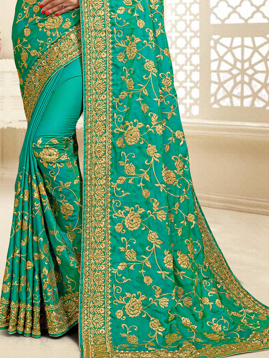 Jade Green Satin Silk Embroidered Party Saree
