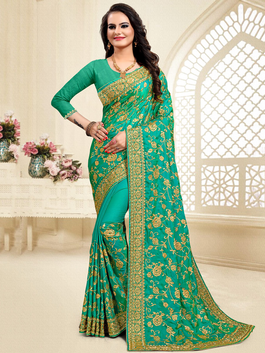 Jade Green Satin Silk Embroidered Party Saree