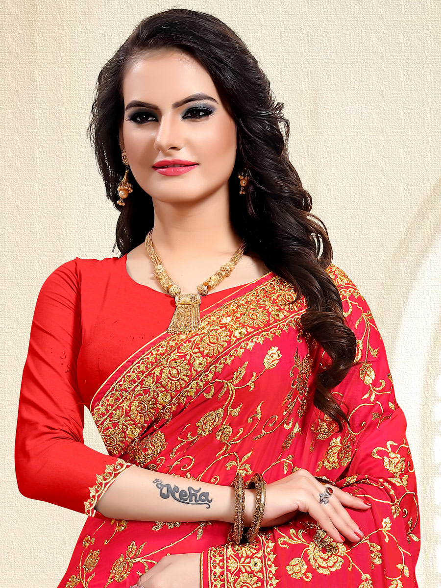 Vermilion Red Satin Silk Embroidered Party Saree