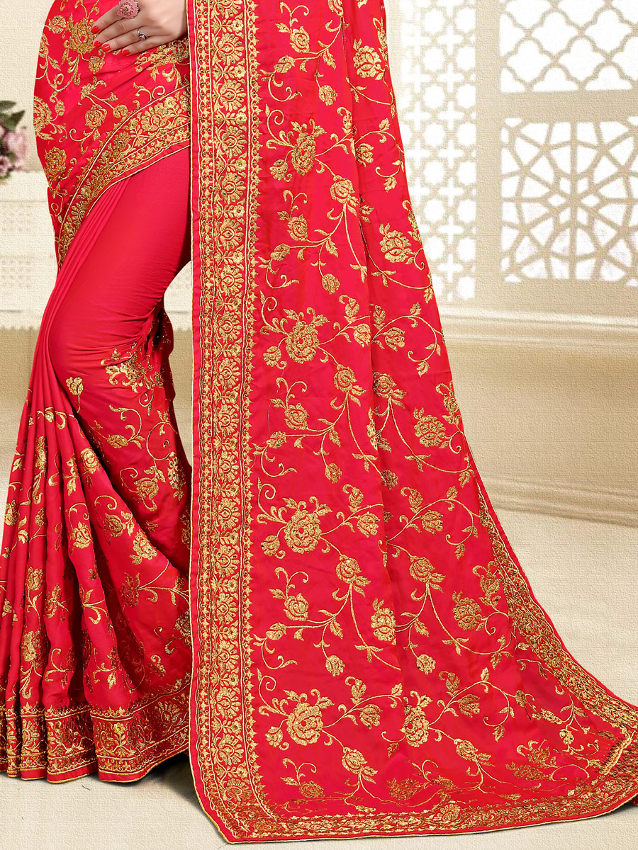 Vermilion Red Satin Silk Embroidered Party Saree