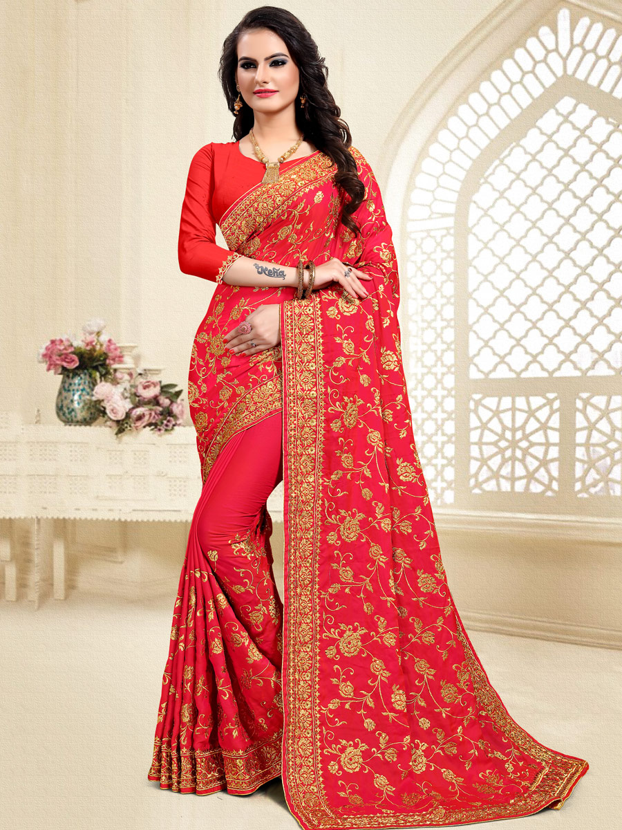 Vermilion Red Satin Silk Embroidered Party Saree
