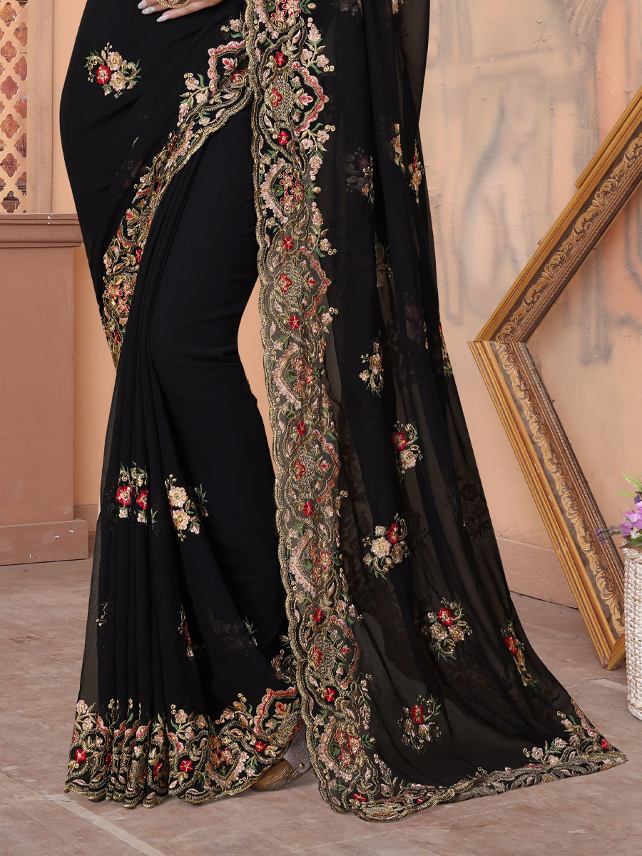 Black Georgette Embroidered Wedding Festival Heavy Border Saree