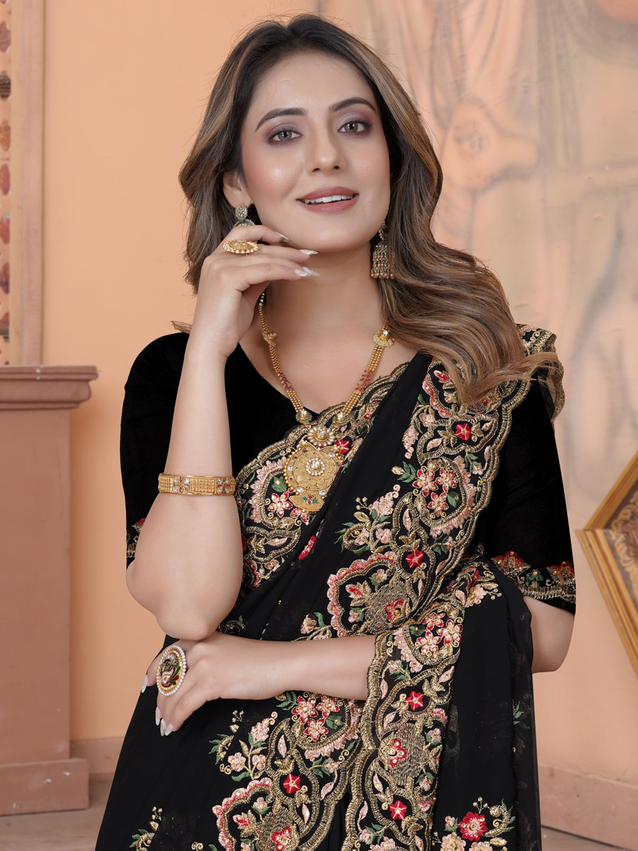 Black Georgette Embroidered Wedding Festival Heavy Border Saree