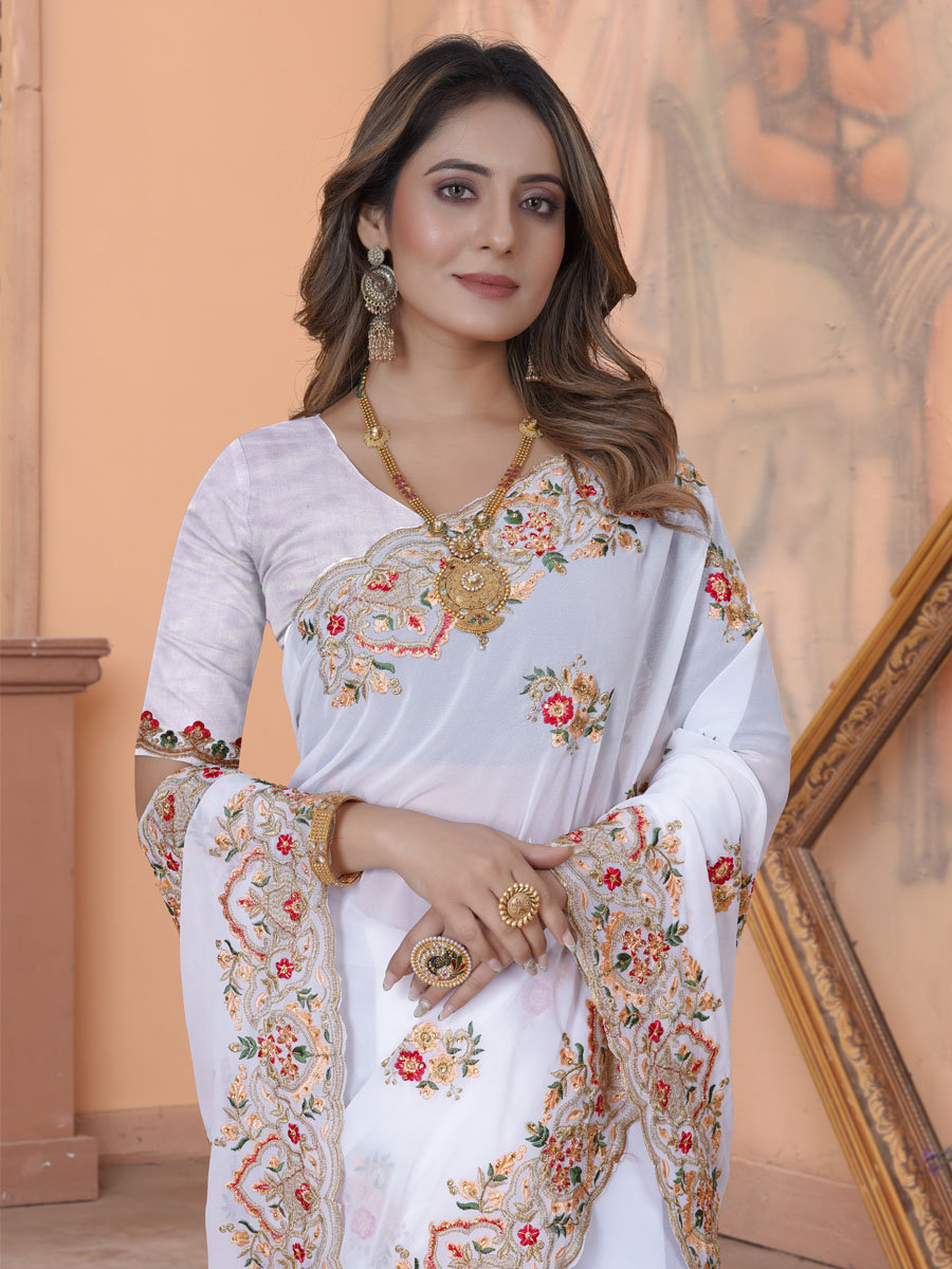 White Georgette Embroidered Wedding Festival Heavy Border Saree