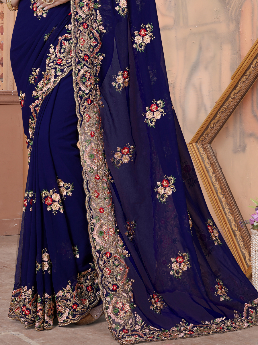 Navy Blue Georgette Embroidered Wedding Festival Heavy Border Saree