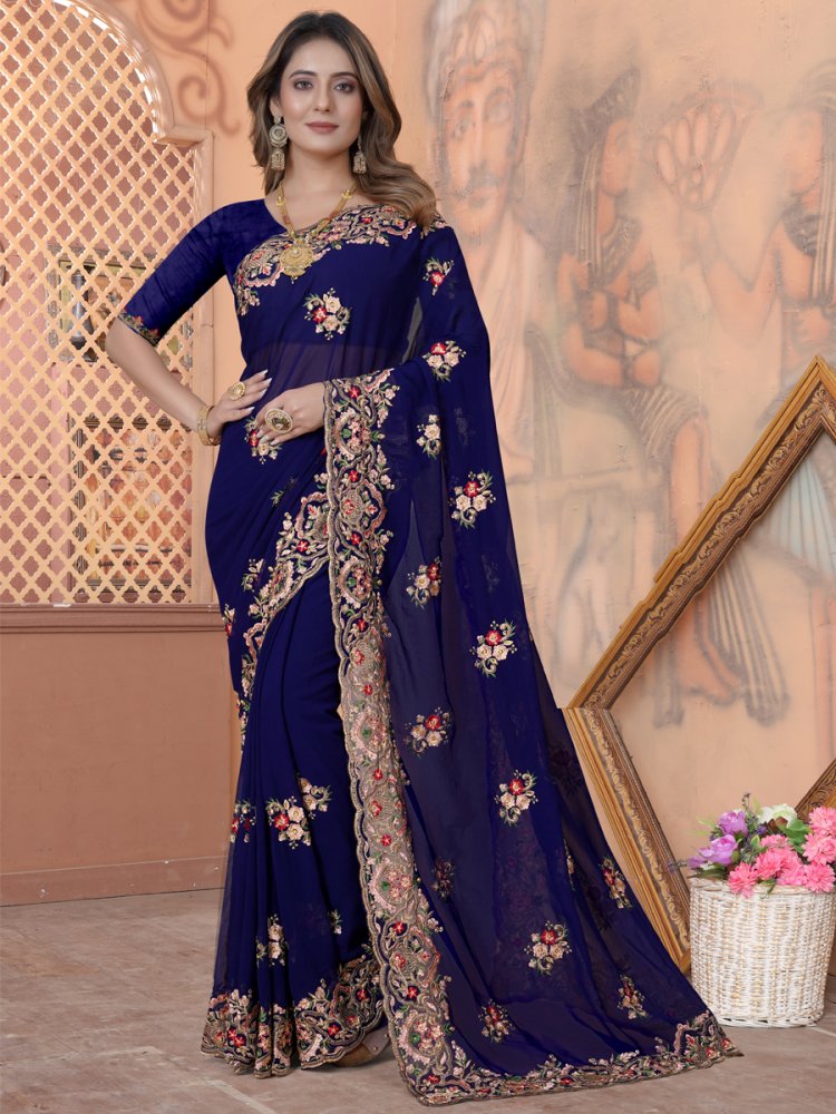 Navy Blue Georgette Embroidered Wedding Festival Heavy Border Saree