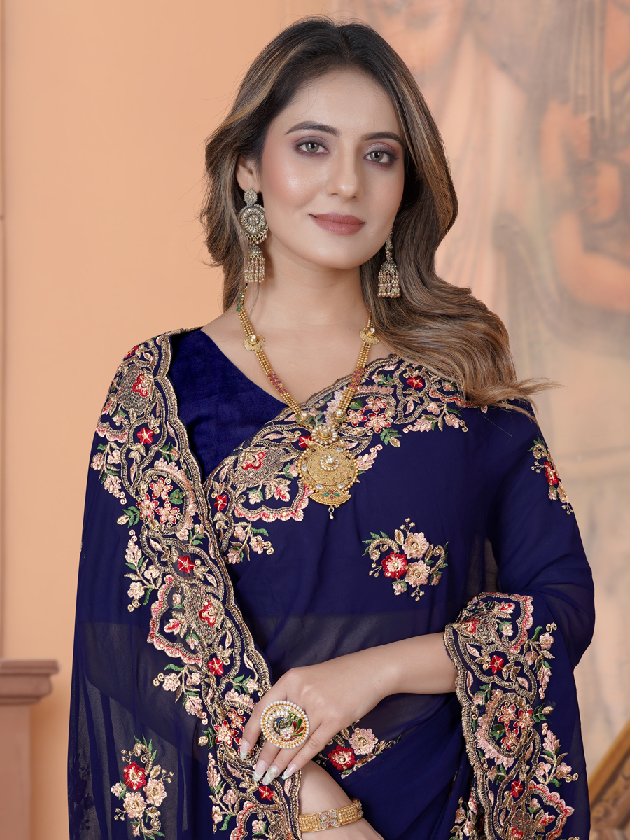 Navy Blue Georgette Embroidered Wedding Festival Heavy Border Saree