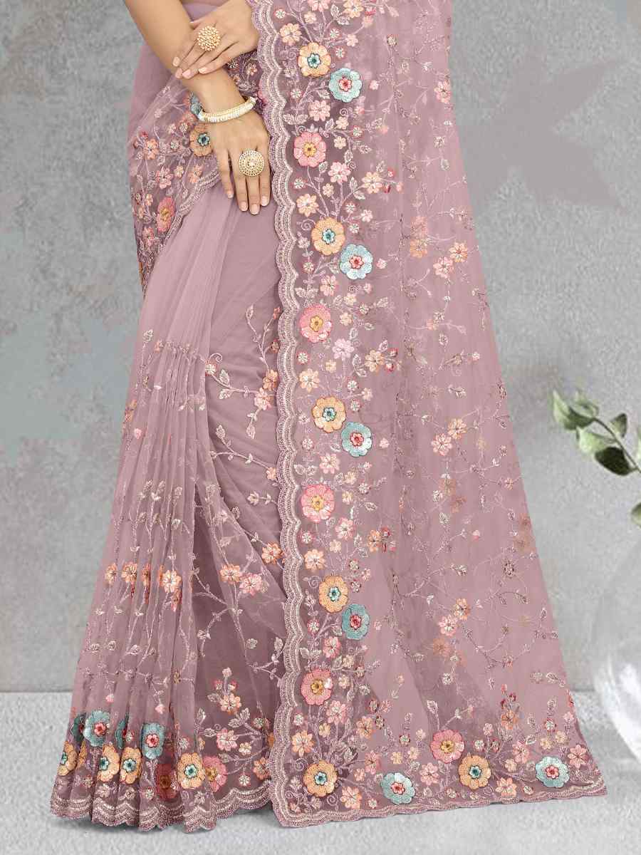 Dusty Lavender Net Embroidered Reception Party Heavy Border Saree