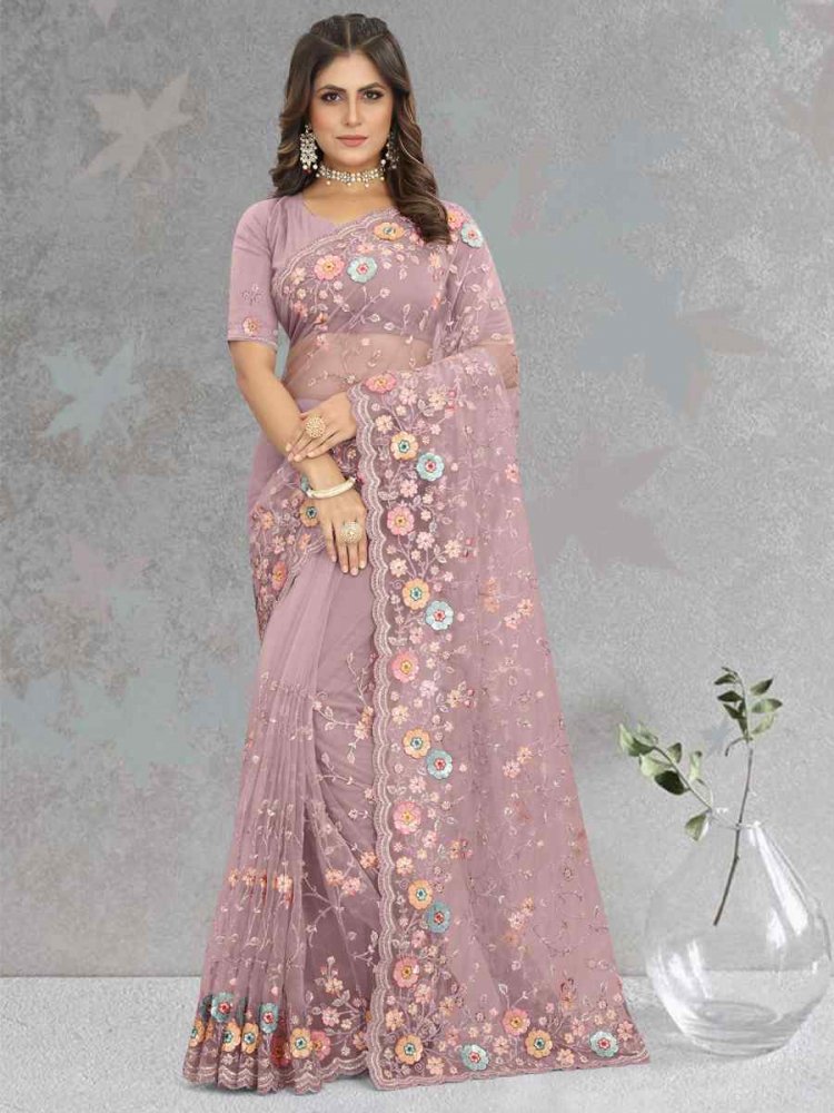 Dusty Lavender Net Embroidered Reception Party Heavy Border Saree