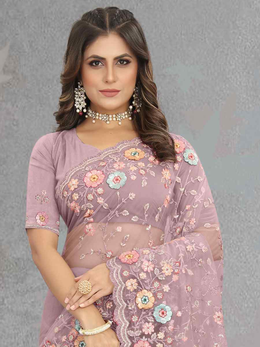 Dusty Lavender Net Embroidered Reception Party Heavy Border Saree