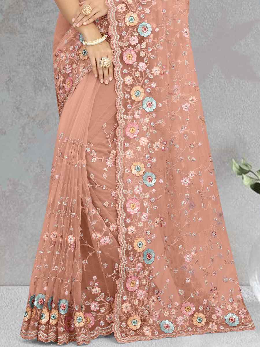 Dusty Peach Net Embroidered Reception Party Heavy Border Saree