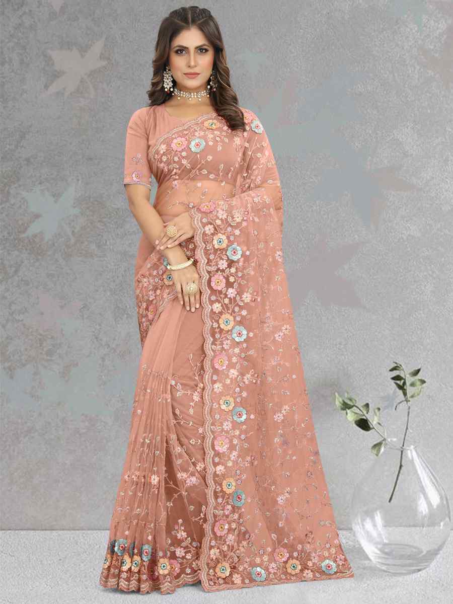 Dusty Peach Net Embroidered Reception Party Heavy Border Saree