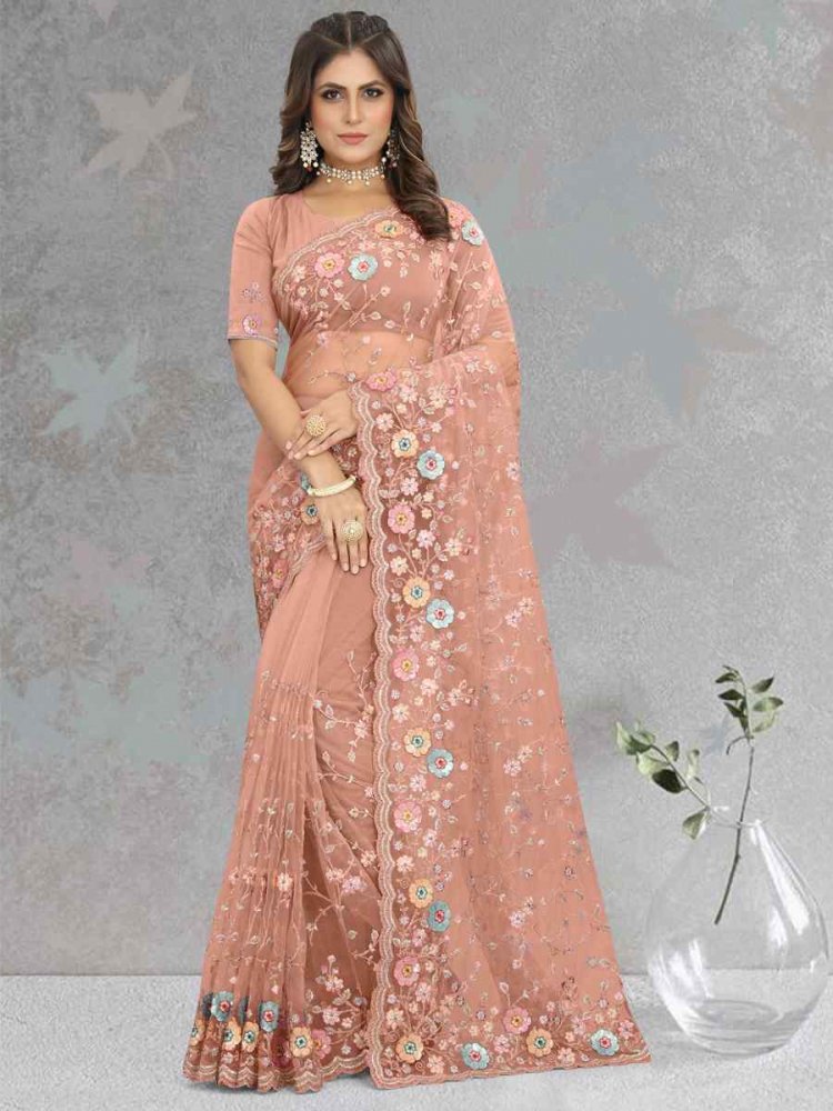 Dusty Peach Net Embroidered Reception Party Heavy Border Saree