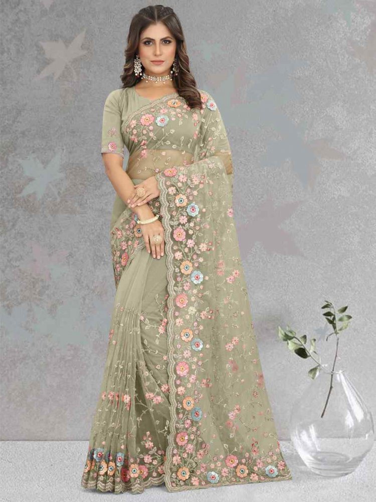 Dusty Pista Net Embroidered Reception Party Heavy Border Saree
